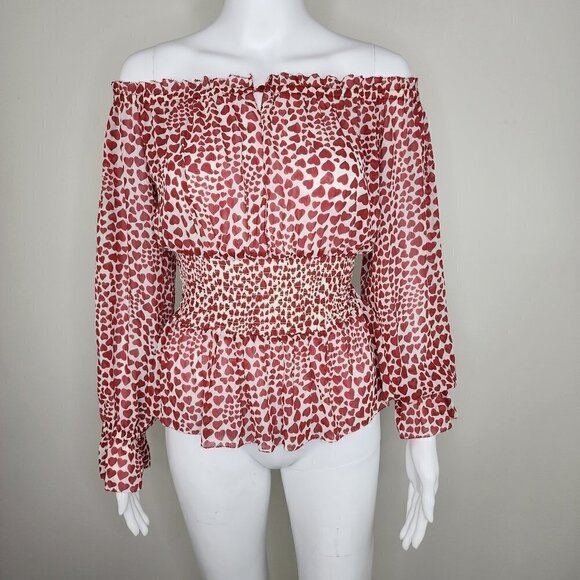 NWT L'AGENCE Annabella Heart Print Off the Shoulder Smocked Waist Top XSmall - Picture 1 of 11